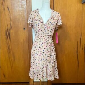 NWT Betsy Johnson Floral Pink Flutter Sleeve Wrap Midi Dress Feminine Flowy